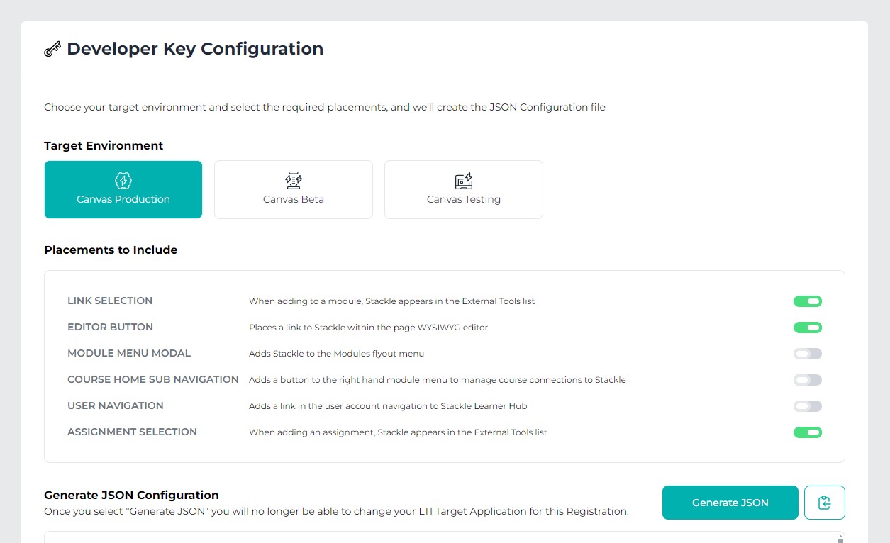 Stackle LTI integration configuration screenshot